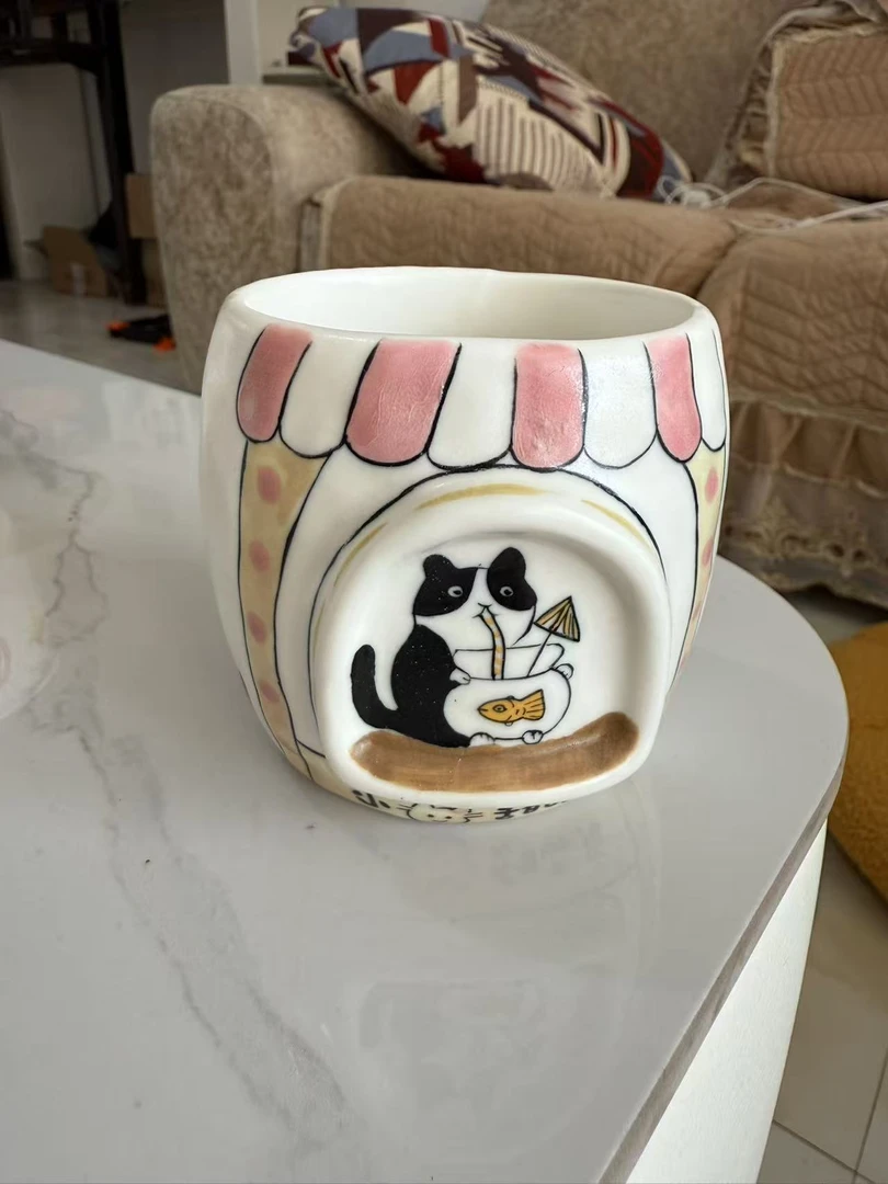 釉下彩小猫甜品店手握杯a094