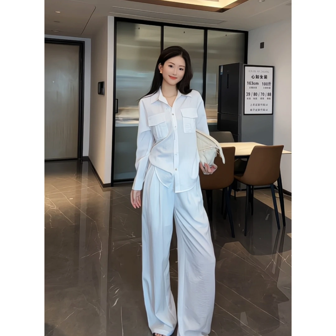 2025新款白色时尚套装女V领帅气长袖衬衫宽松阔腿裤休闲两件套