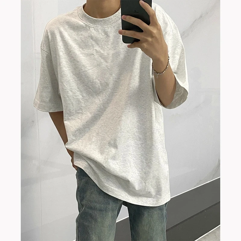 浅灰色320g重磅t恤男夏季纯棉二本针短袖oversize美式情侣装半袖