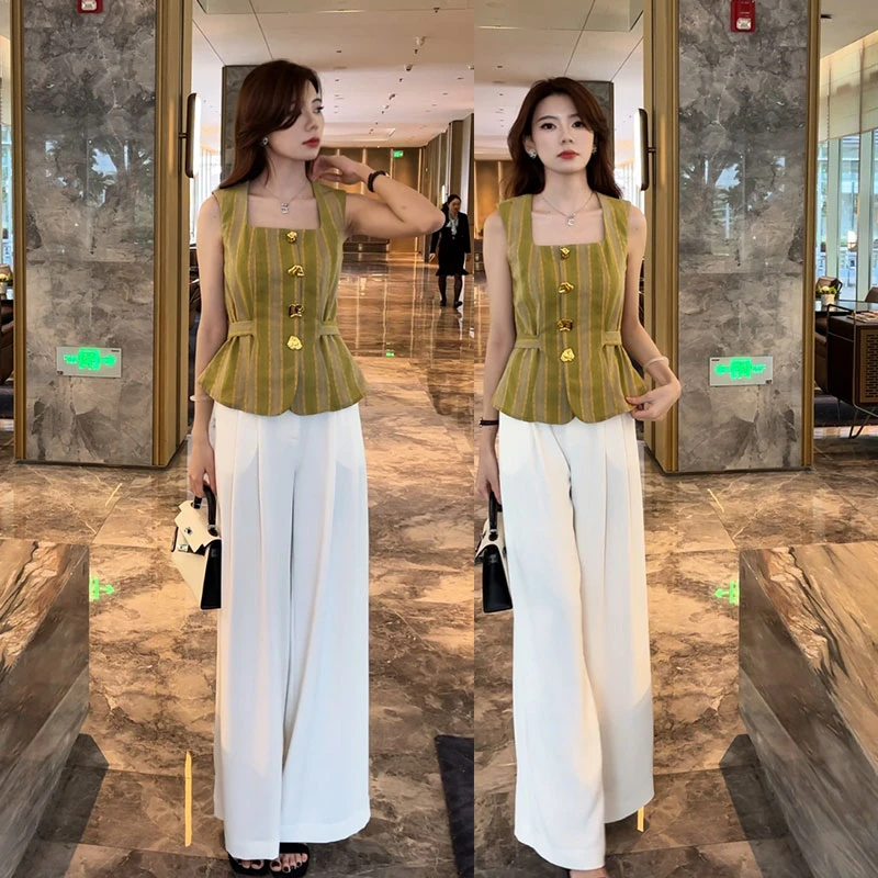 夏装一整套女气质时尚条纹无袖马甲上衣+显高休闲阔腿裤两件套