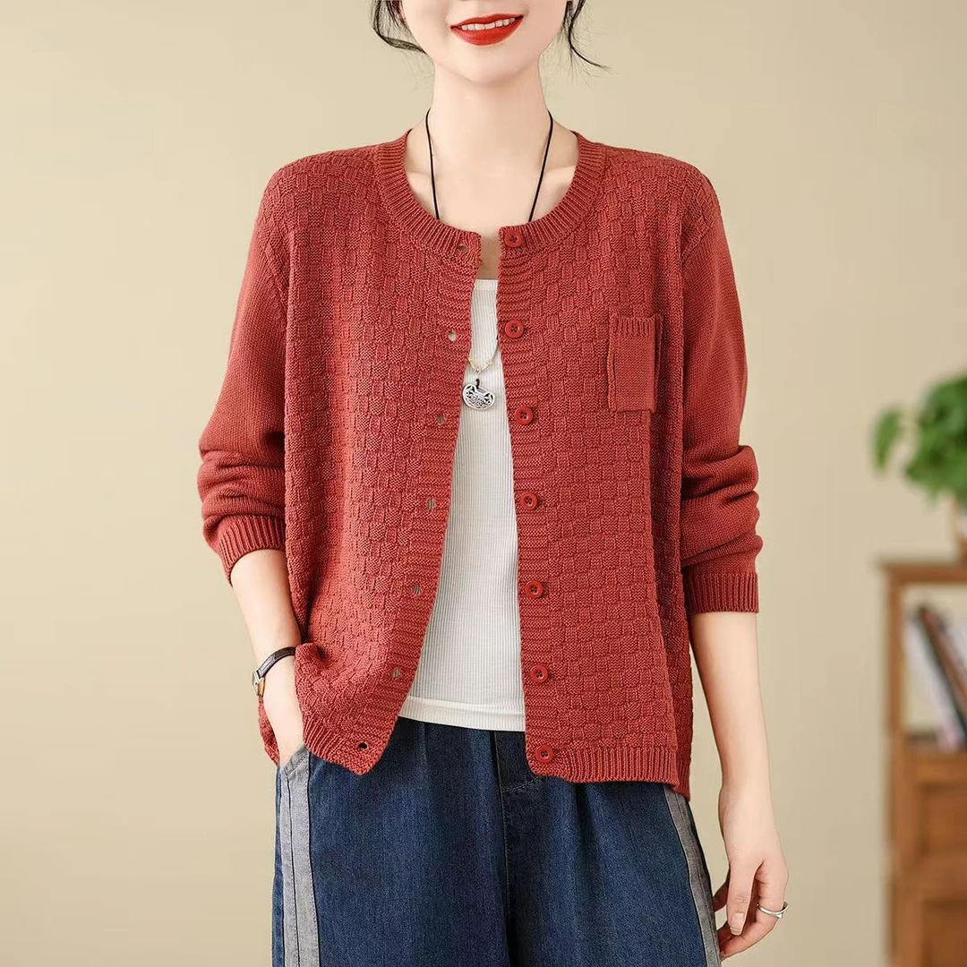 女款时尚洋气针织长袖外套纯色洋气口袋暗纹棉线女士针织开衫上衣