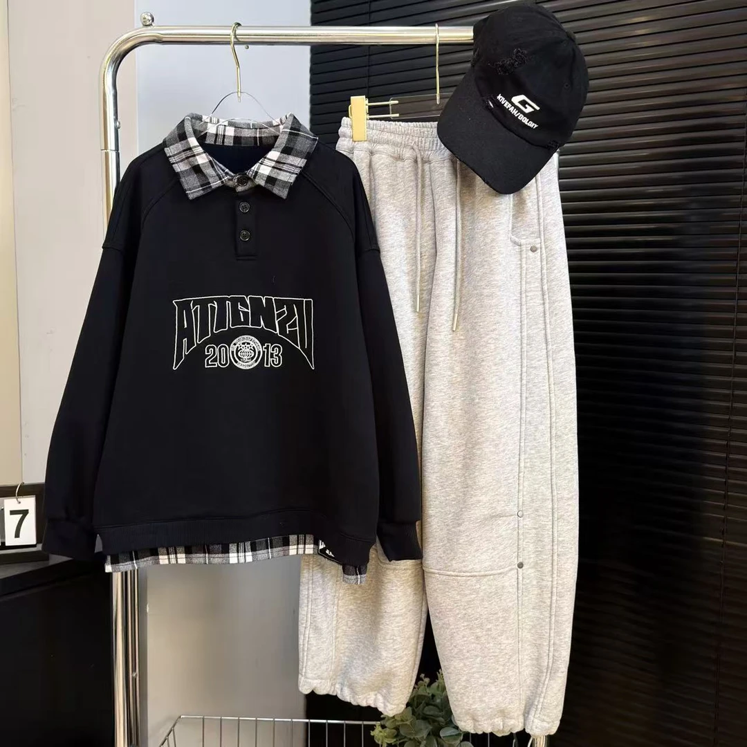 嘟妈童装 青少年冬季加绒假两件POLO衫中大童加厚长袖打底衫7075