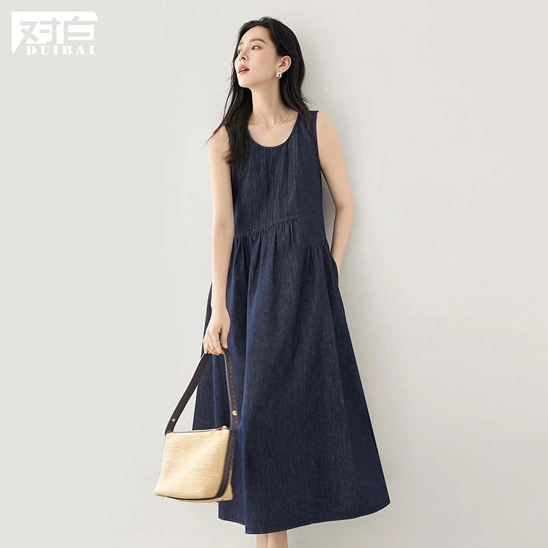 D01对白复古休闲牛仔连衣裙圆领背心裙长裙FDQ057