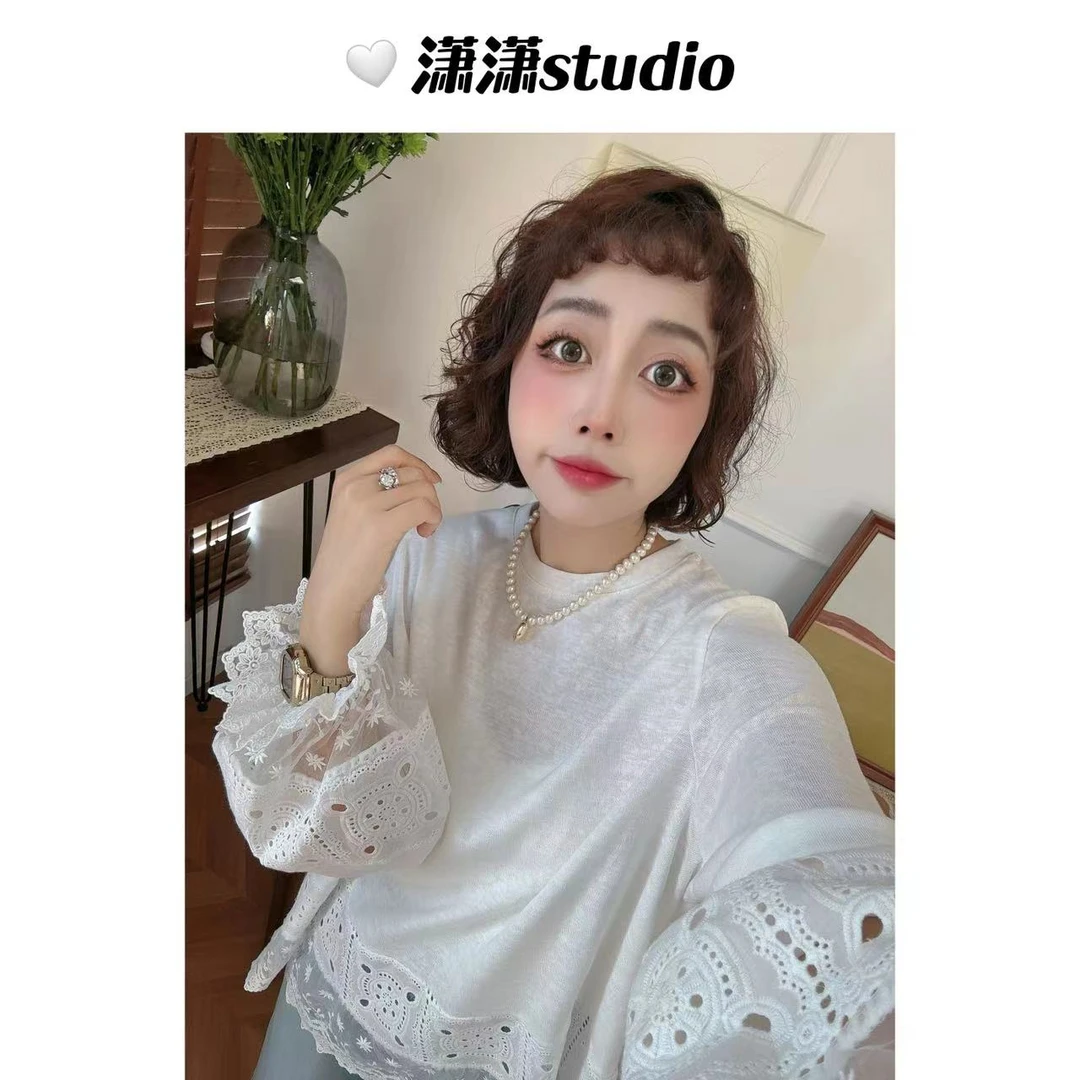 【星语蕾丝打底】【下摆超仙】潇潇定制刺绣花边袖口百搭T恤XM1097