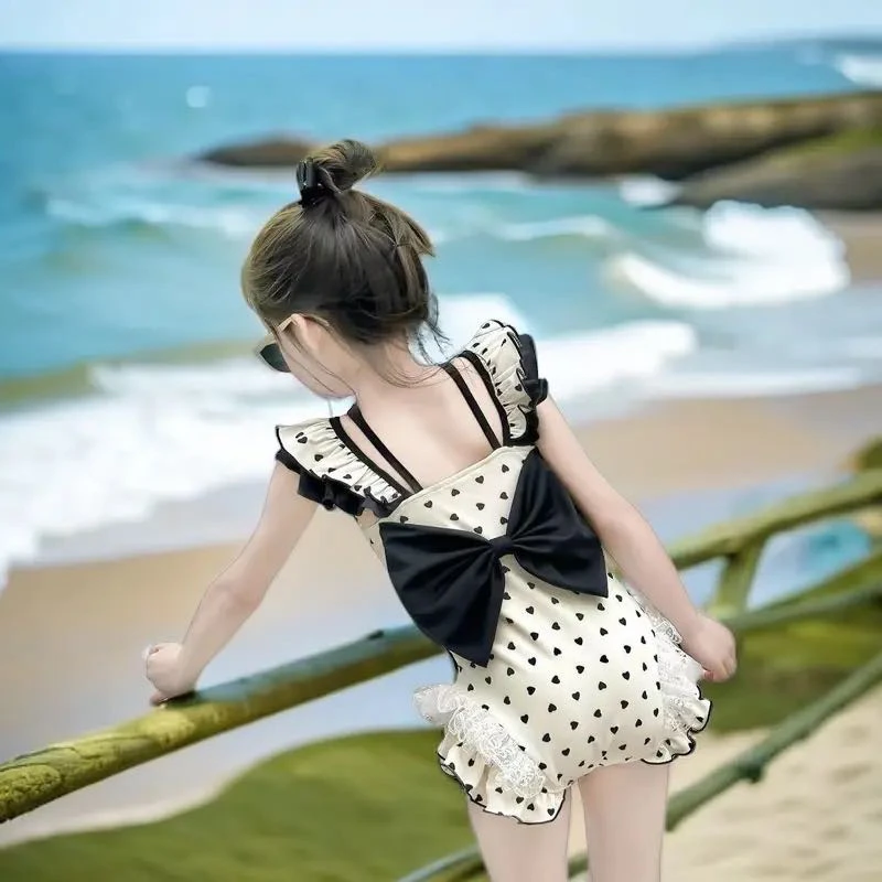 女童夏季速干连体泳衣2025新款儿童小女孩洋气甜美蝴蝶结度假泳装