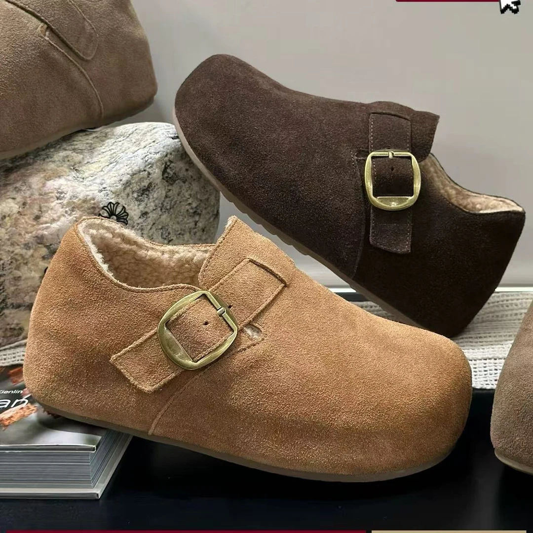 2025秋冬新款加绒保暖毛毛乐福鞋女冬款勃肯棉鞋时尚百搭休闲女鞋