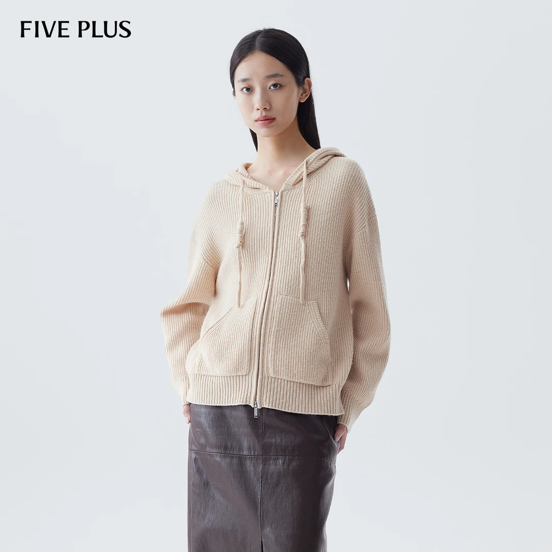 FIVE PLUS冬装羊毛针织衫女通勤风连帽开衫毛衣卫衣款2LN4031220