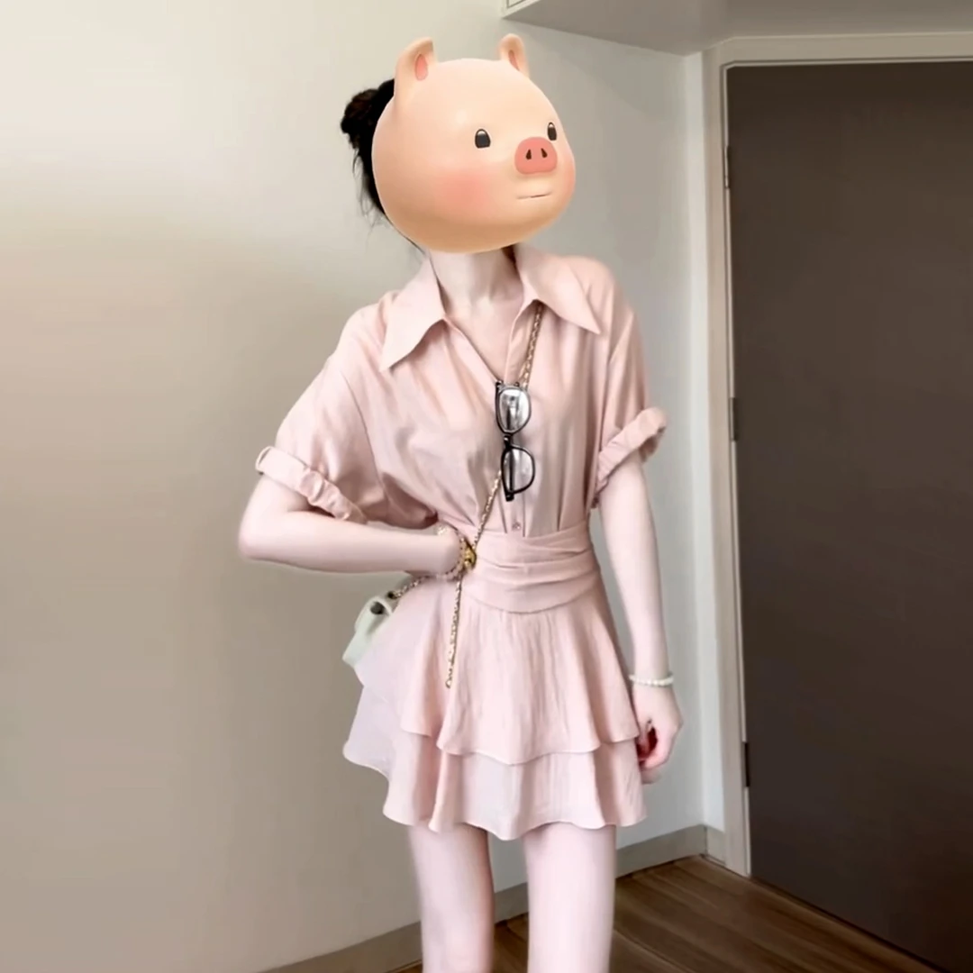 3955法式温柔风粉色衬衫连衣裙子女夏季2025新款甜美收腰套装短裙