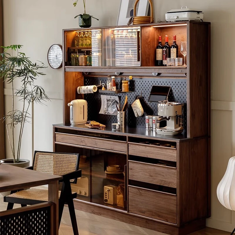 北美黑胡桃木实木餐边柜家用客厅餐厅一体靠墙储物餐柜岩板茶水柜