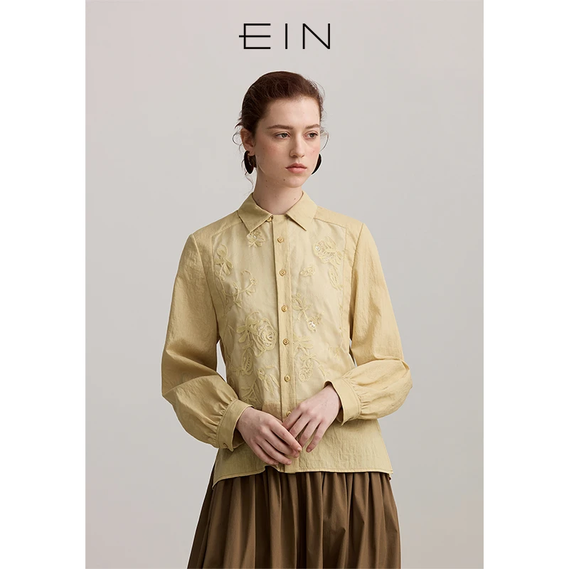 EIN/言自然纹理绣花柯根纱拼接棉麻法式微灯笼袖文艺衬衫早春新款
