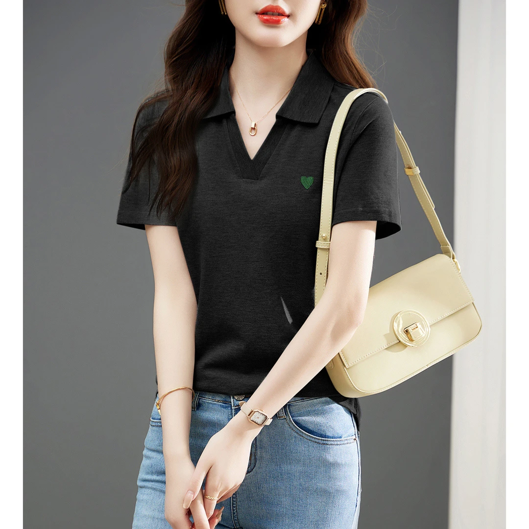 XWI/欣未2025年夏新款时尚休闲百搭POLO领印花透气纯棉T恤女4581