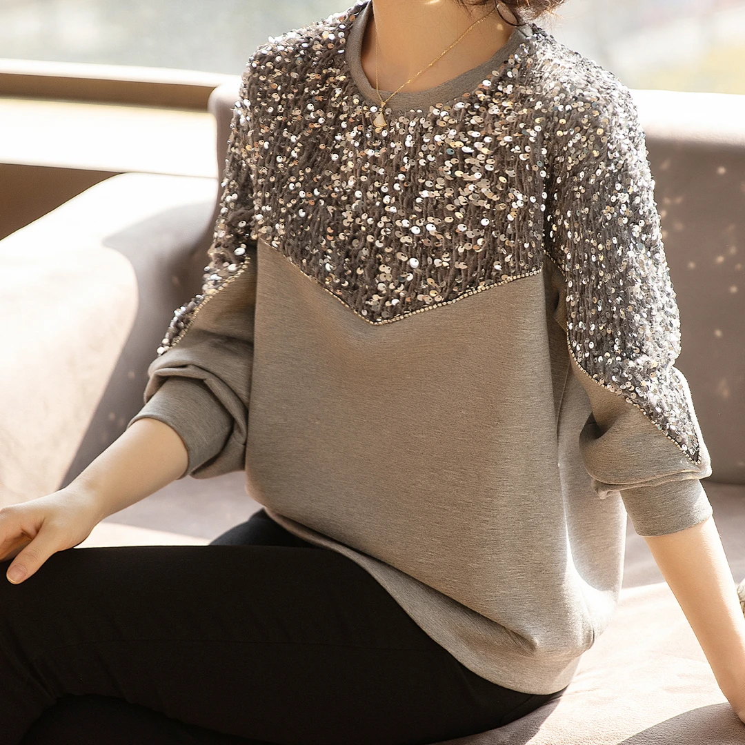 2025春秋新款拼接亮片显瘦时尚气质空气棉卫衣2055#