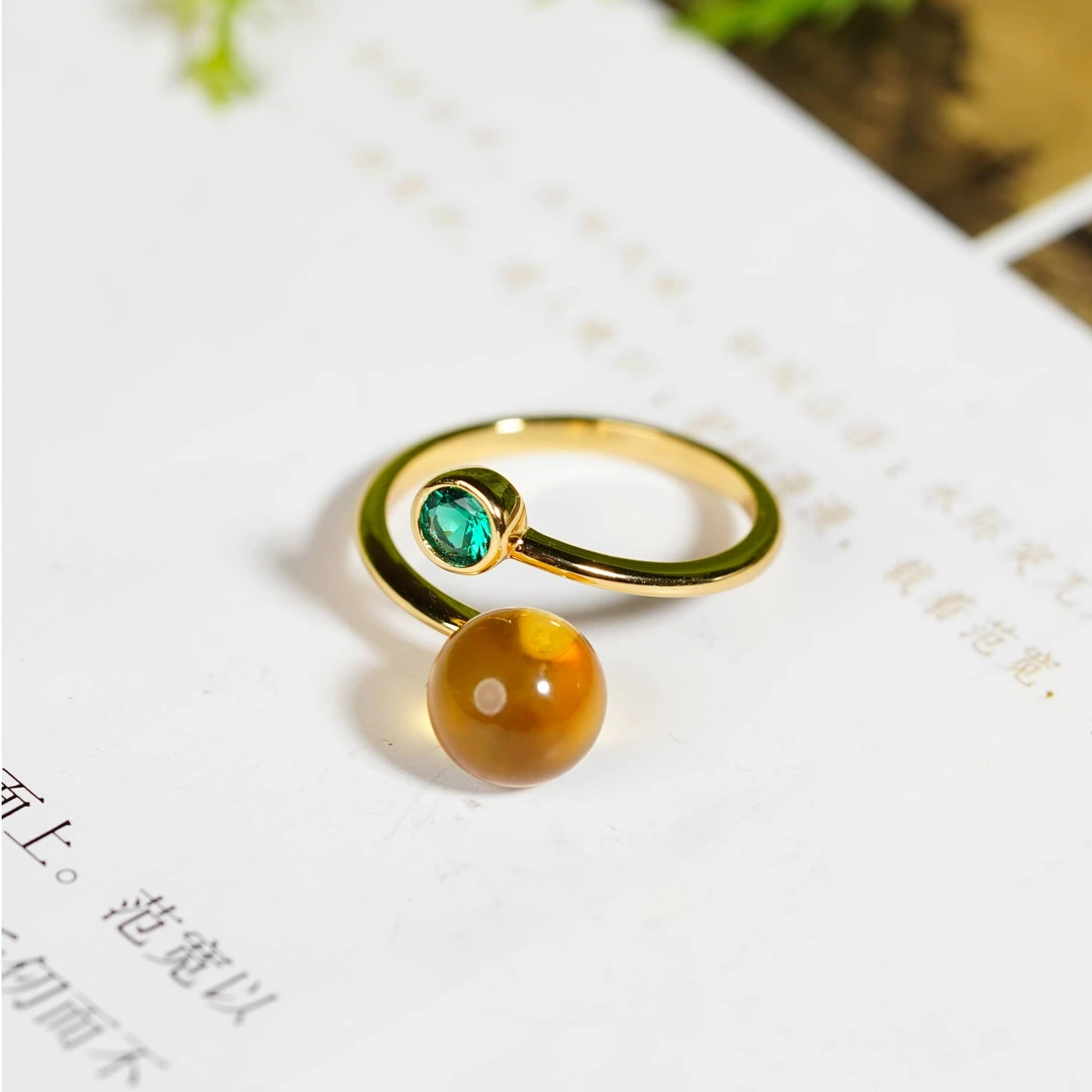 【小涵专属】S925银镶缅珀圆珠开口戒指 多样性发一 8mm