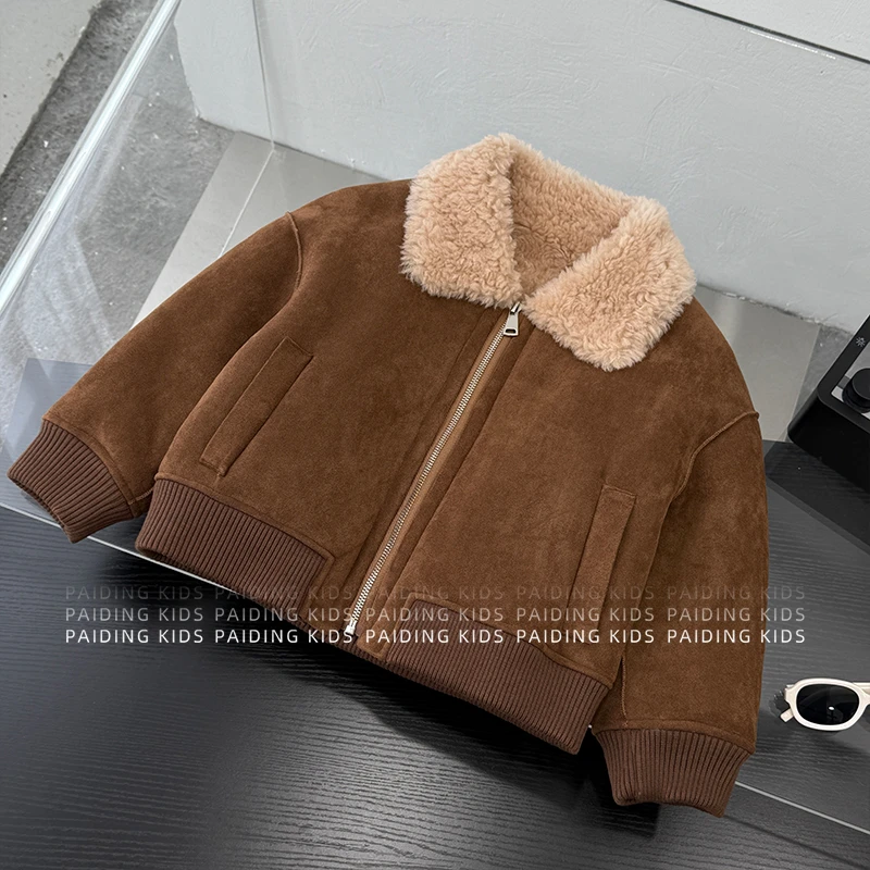 冬装儿童韩版时尚纯色洋气拉链式休闲加绒加厚翻领外套SJ6552-DD1