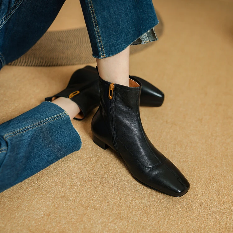 头层羊皮~2.5cm秋冬法式复古短筒粗跟靴子显瘦百搭平底真皮短靴女