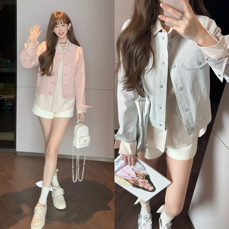 【mimius】七七 韩系甜美少女感圆领长袖外套+条纹衬衫 G07308