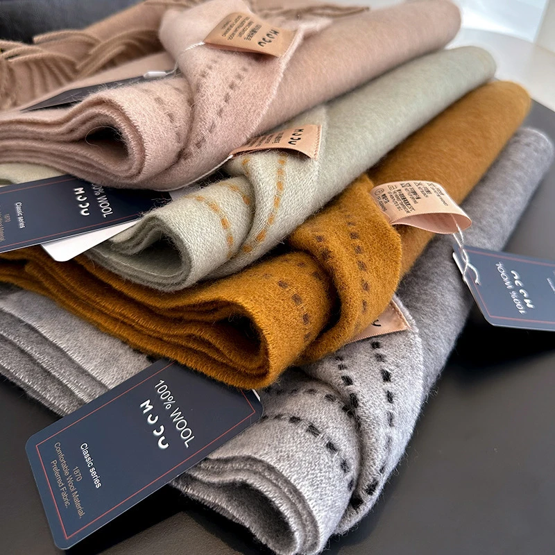 秋冬加厚羊毛双面纯色拼色流苏穿线围巾围脖男女情侣学生小披肩