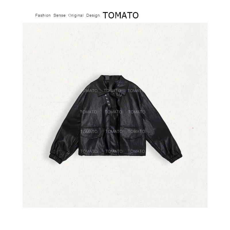 【TomoTo】云梦泽 2025春季新款黑色时尚拉链短裤皮衣外套C25PY2164