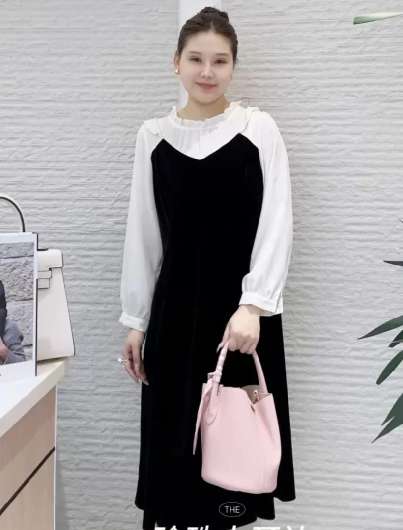 【红姐大码】1800金丝绒连衣裙女长袖春季新款修身显瘦气质木耳领裙