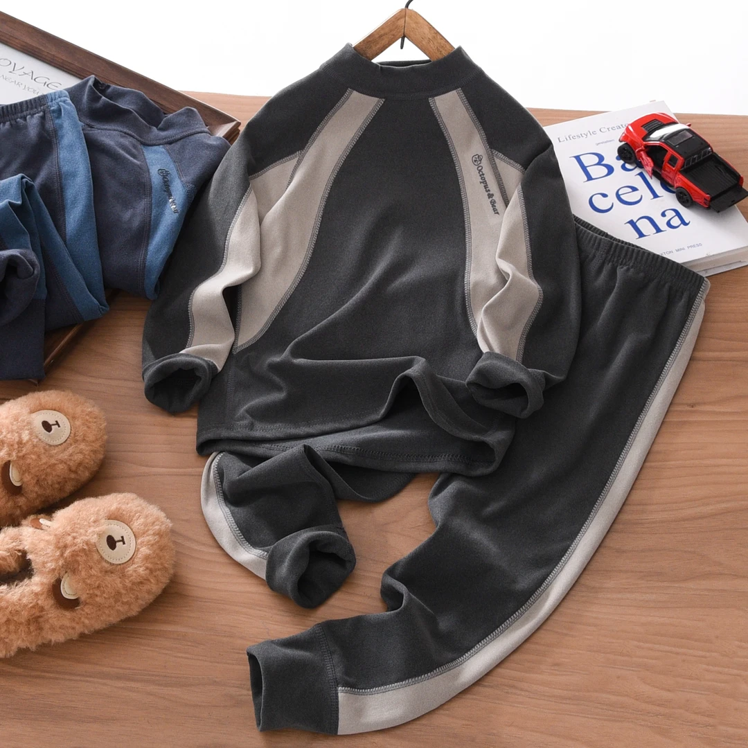 男童秋衣秋裤套装秋冬款2025男孩高弹德绒中大儿童拼色保暖内衣潮