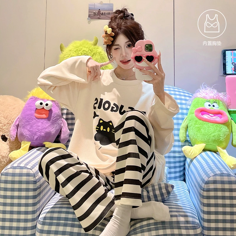 可爱圆领套头带胸垫一体睡衣女春秋季长袖卡通小猫家居服套装夏天