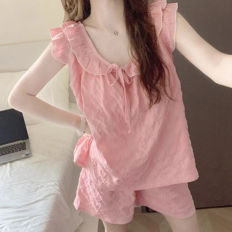 带胸垫睡衣女款夏季甜美少女感吊带短裤背心外穿云朵棉家居服套装