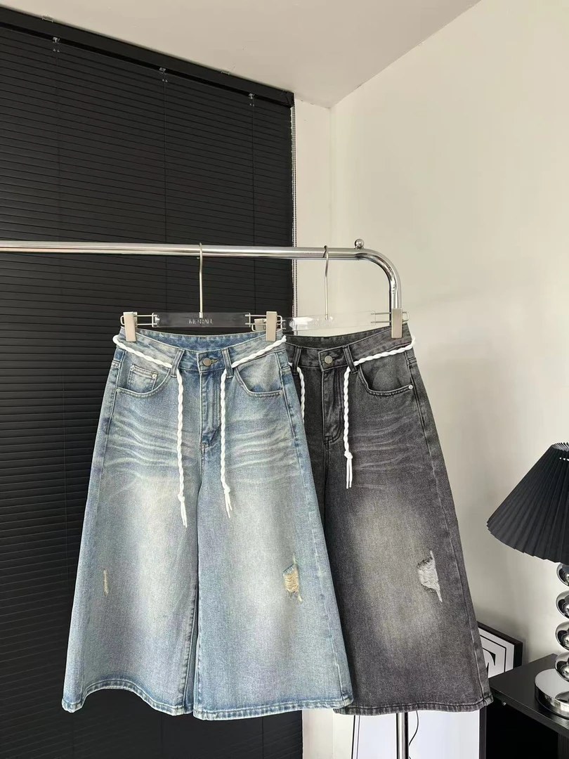 【MO RAN】美式牛仔七分阔腿牛仔裤