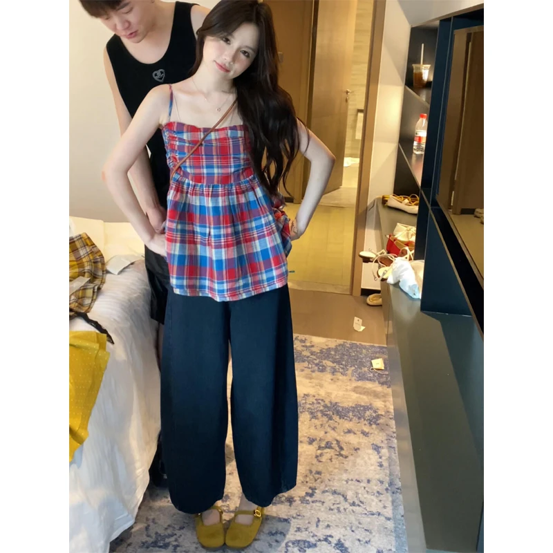 五一旅游出街衣服荷叶边无袖抹胸格子背心上衣深蓝阔腿直筒牛仔裤