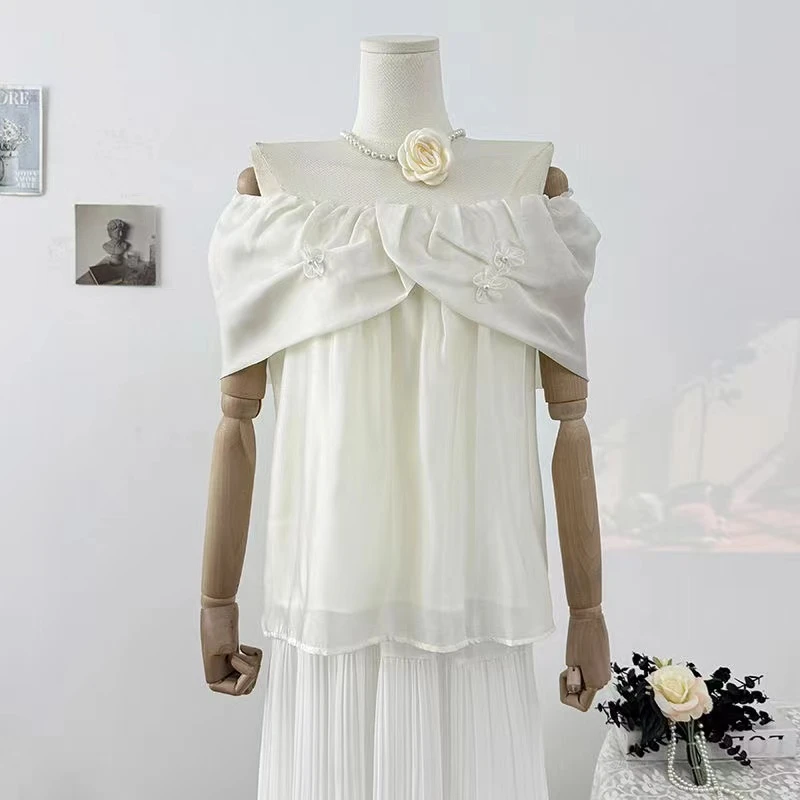 重工气质甜美常规款设计感雪纺衫荷叶边一字领夏季百搭法式上衣