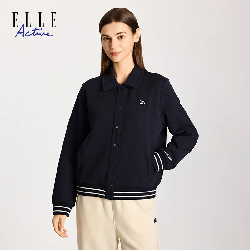 ELLE Active翻领外套女士休闲撞色百搭运动宽松长袖上衣新款女装