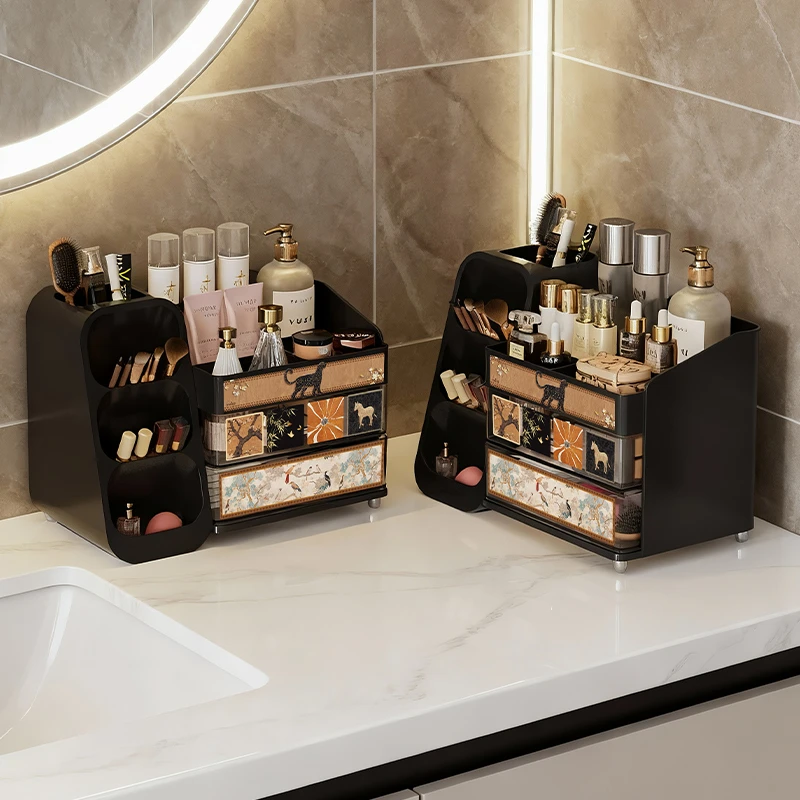美世达中古风化妆品收纳盒桌面防尘洗水台面抽屉高级梳妆台置物
