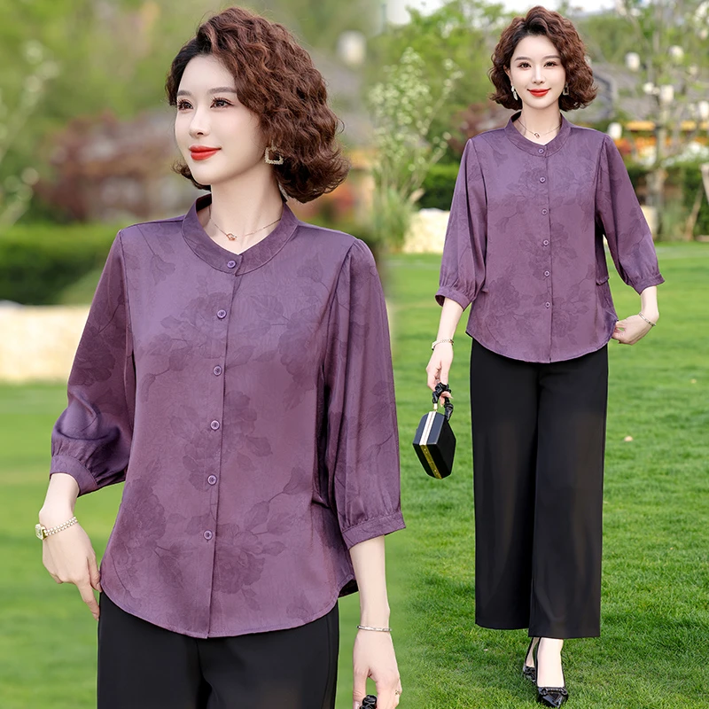 中老年时尚高贵洋气妈妈新款休闲开衫宽松七分袖衬衫遮肚夏季上衣