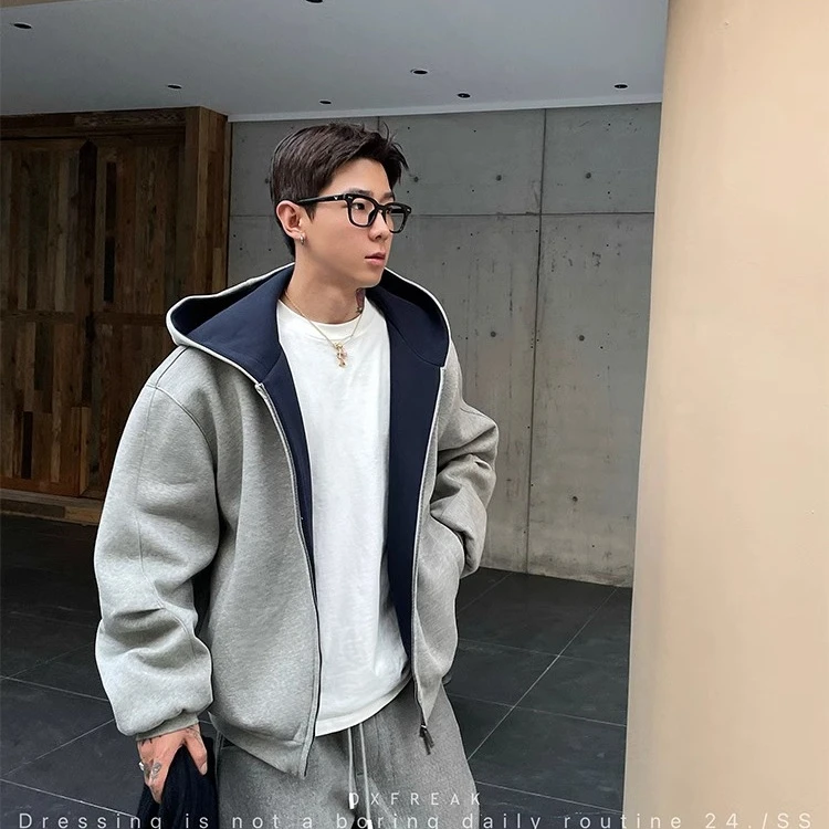 双拉链廓形重磅开衫卫衣男秋冬美式vibe潮牌宽松硬挺男士服装休闲