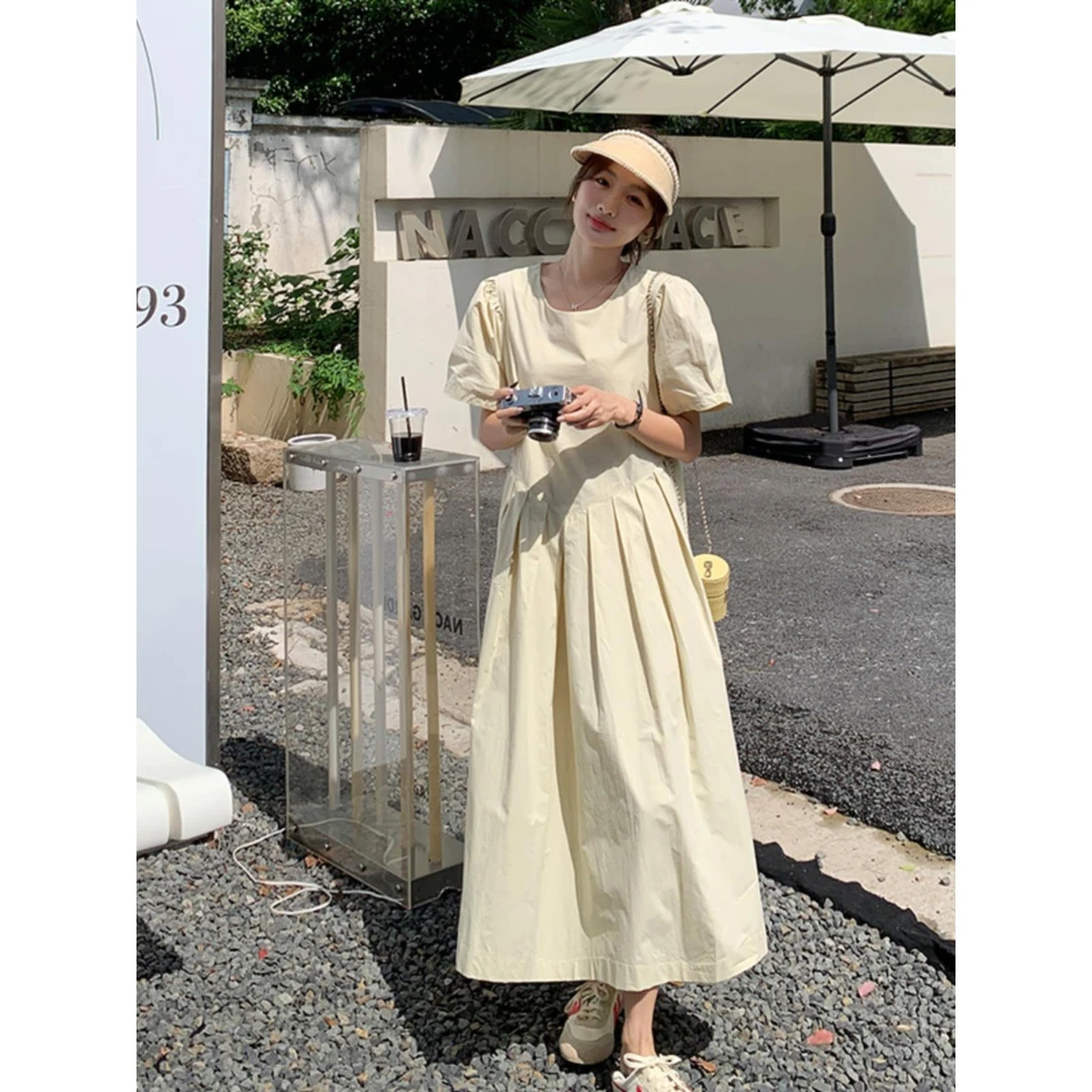 法式褶皱休闲连衣裙女夏2025新款宽松显瘦温柔风小个子a字裙长裙