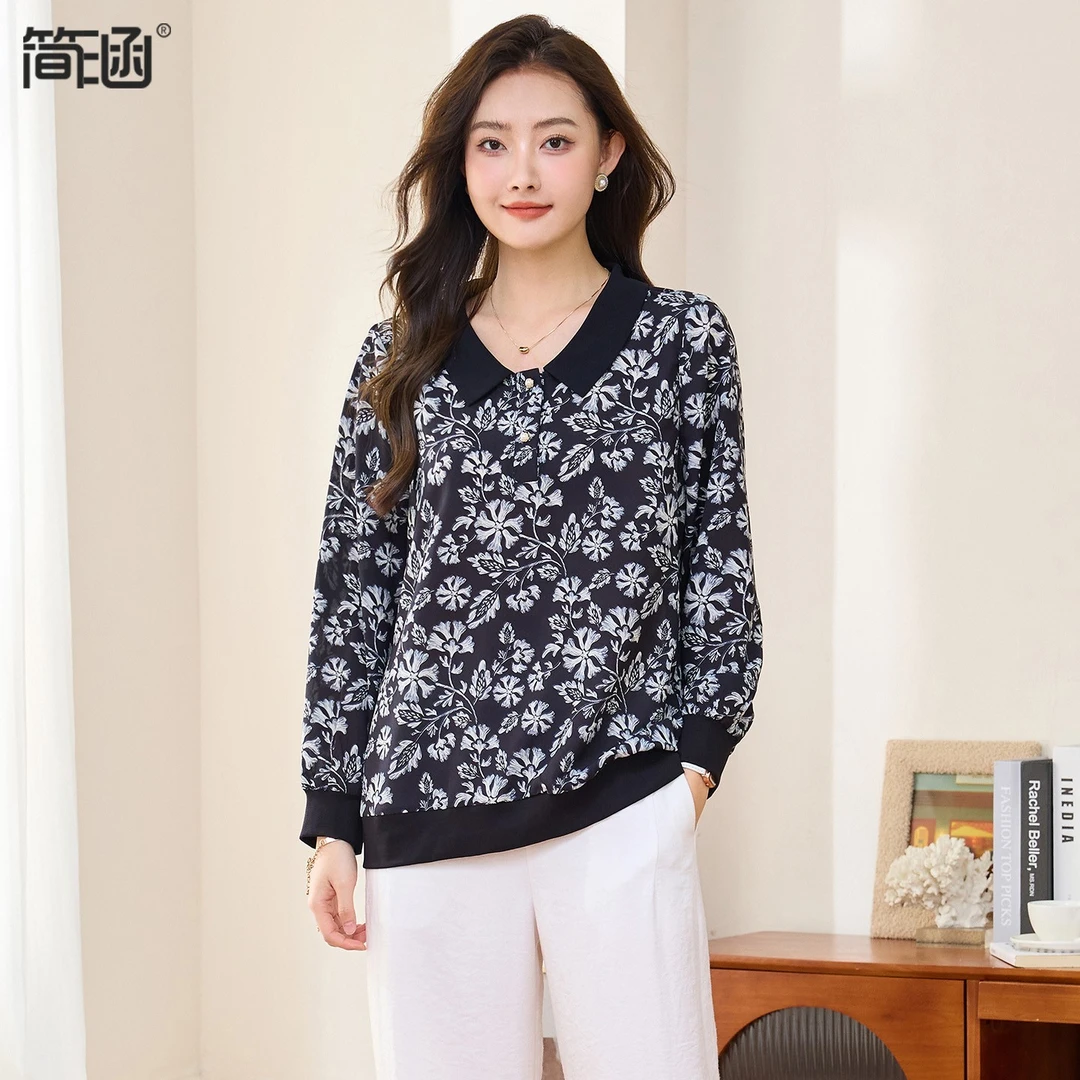 时尚中年妈妈薄款长袖上衣简涵大码初秋宽松遮肉显瘦雪纺衫Q1186