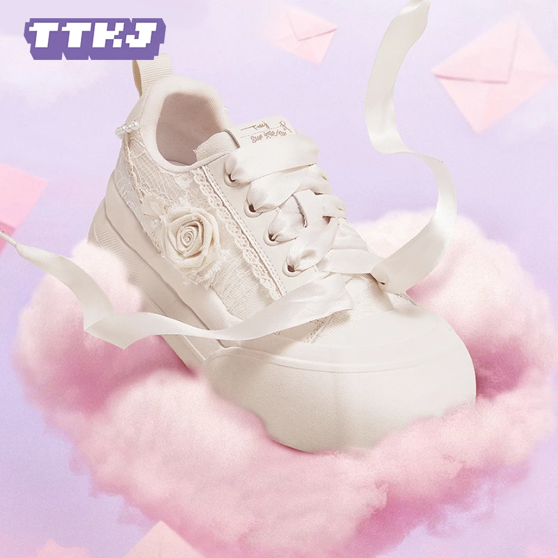 TTKJ玫瑰少女帆布小白鞋穿搭小个子厚底板鞋休闲鞋