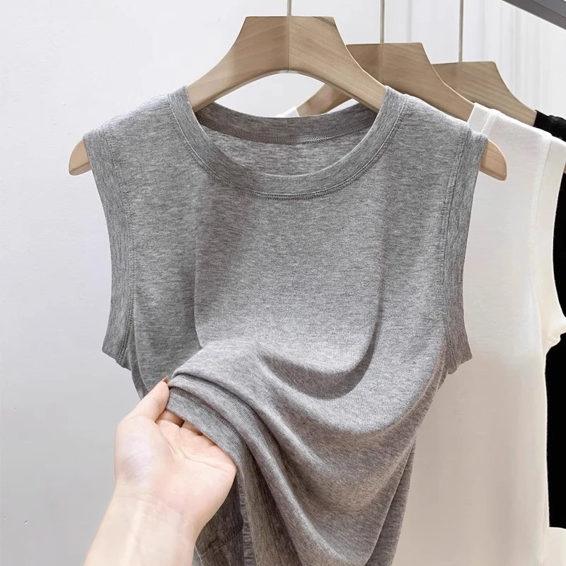 芯娇晴夏季新款外穿背心女灰色遮副乳薄款弹力内搭圆领无袖短上衣