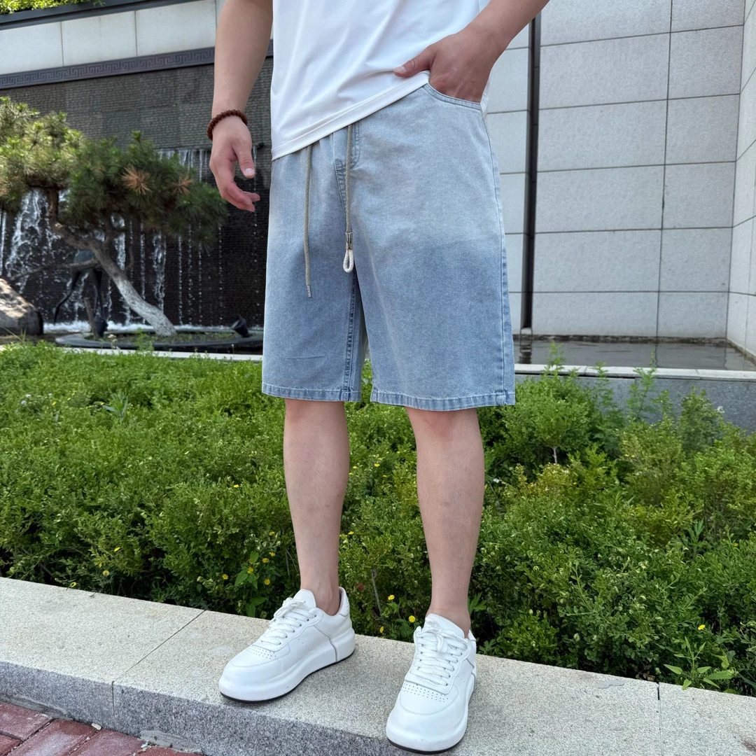 夏季薄款中裤男士蓝色修身短裤宽松大码外穿短裤裤子