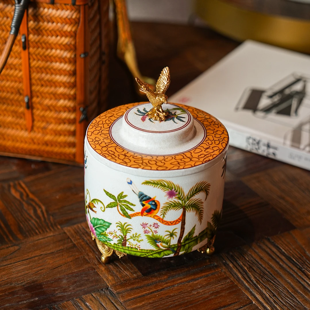 【本尼家】C39法式中国风陶瓷配铜《原野之息》圆柱盖盒装饰摆件