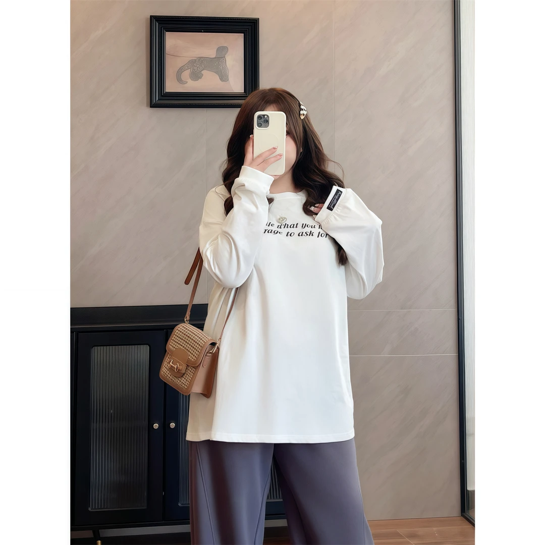 丹麦假期 / 韩风休闲印花长袖T恤9494花契200斤胖mm春季潮流遮肉