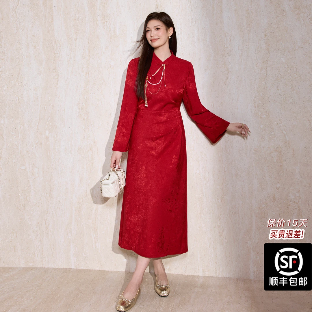 蓝语【国色芳华2.0】大码女装新中式红色订婚礼服旗袍显瘦连衣裙秋