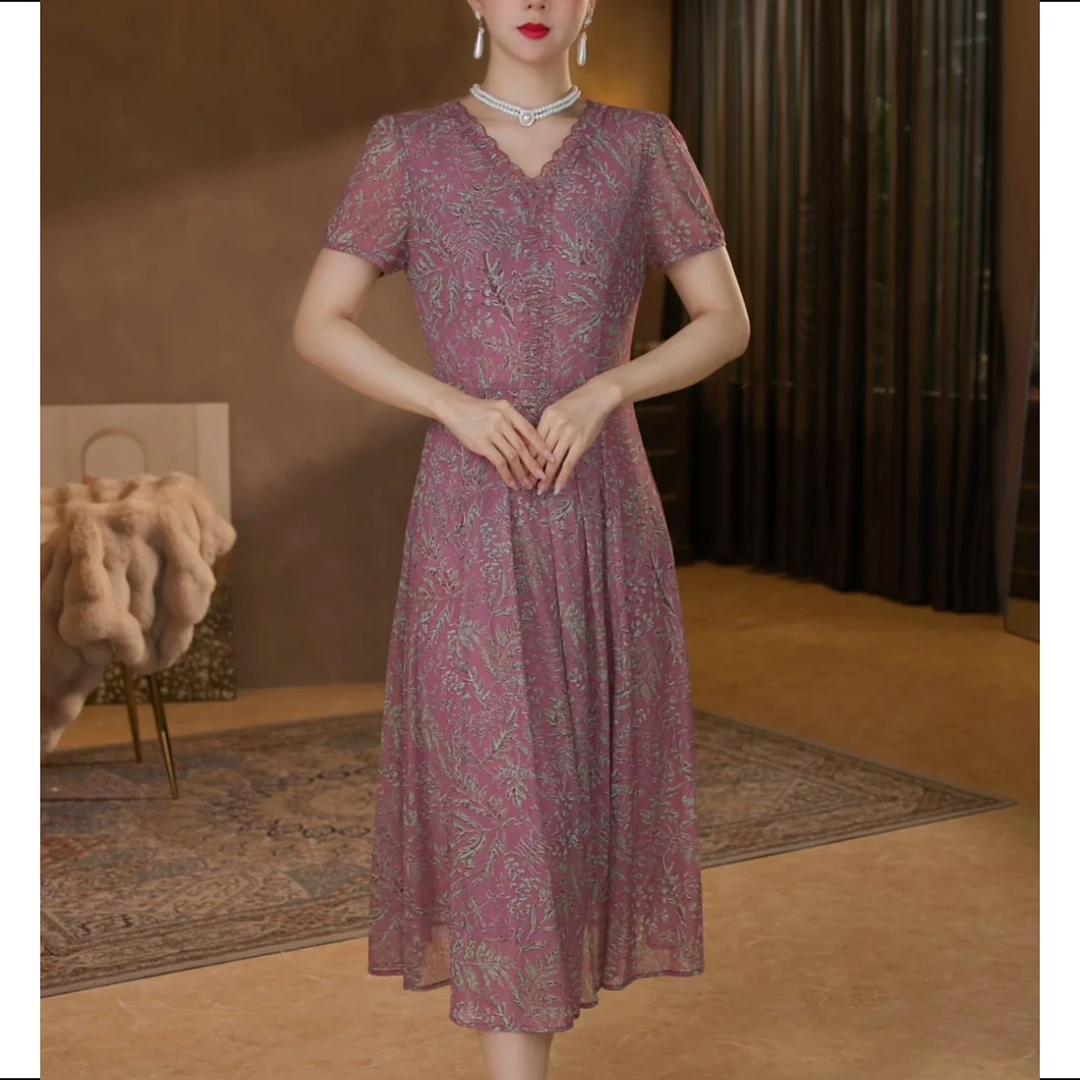 【香妮芬】83372高档弹力台湾纱妈妈连衣裙女夏季新款显瘦大码