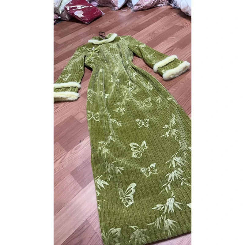 790-绿色 压花 蝴蝶竹子 古法 旗袍