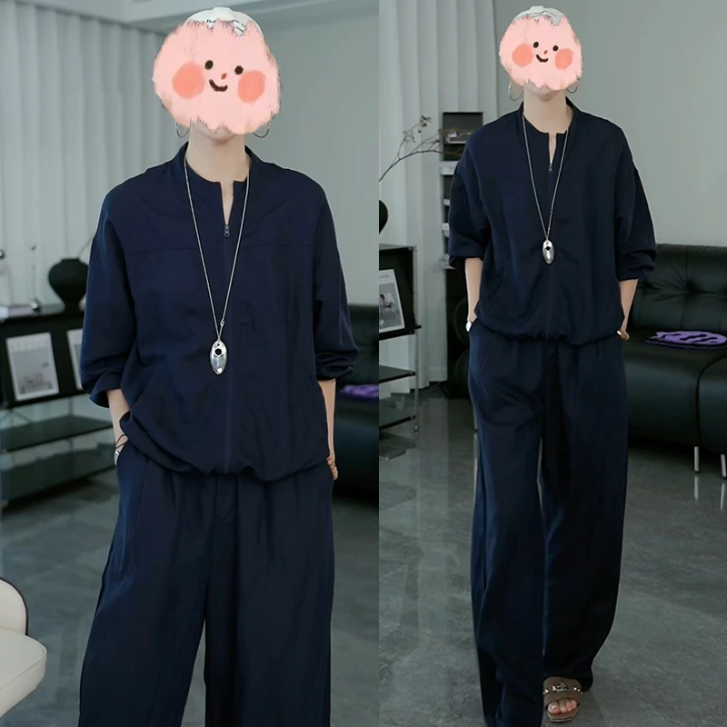 韩系休闲简约时尚套装女夏季新款设计感圆领宽松防晒衫长裤两件套