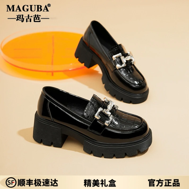 玛古芭2025夏季新款时尚黑色圆头乐福鞋厚底乐福鞋百搭女