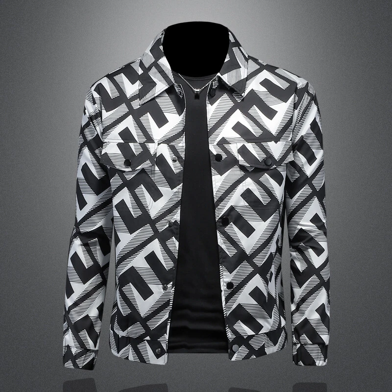 DRNL春季新款黑白拼色印花夹克衫男士大码外套修身潮牌欧洲站帅气