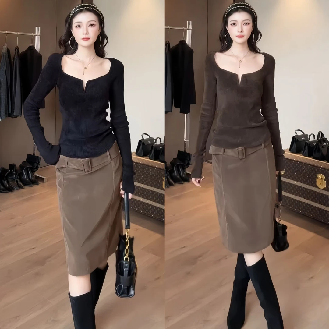 2025秋冬季新款纯欲辣妹修身百搭长袖针织上衣高腰显瘦半身裙套装
