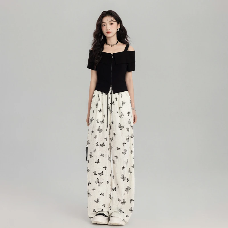 夏季减龄一整套穿搭显瘦气质欧货运动休闲露肩短袖阔腿裤两件套女