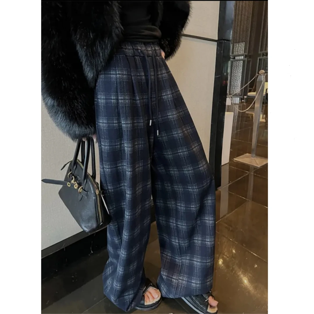 【暮光之城】重磅定染色织格纹老钱慵懒磨毛加绒直筒裤FF032