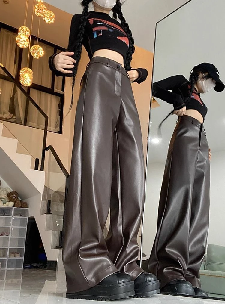 美式复古高级感PU皮休闲裤女秋季高腰显瘦皮裤阔腿裤拖地长裤子潮